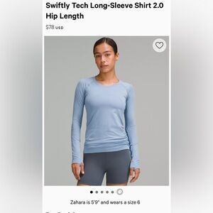 Like New Lululemon Swiftly Tech Long Sleeve Hip Length in Blue Willow Size 4